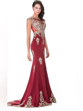 Burgundy Maxi Gown with Gold Embellishment